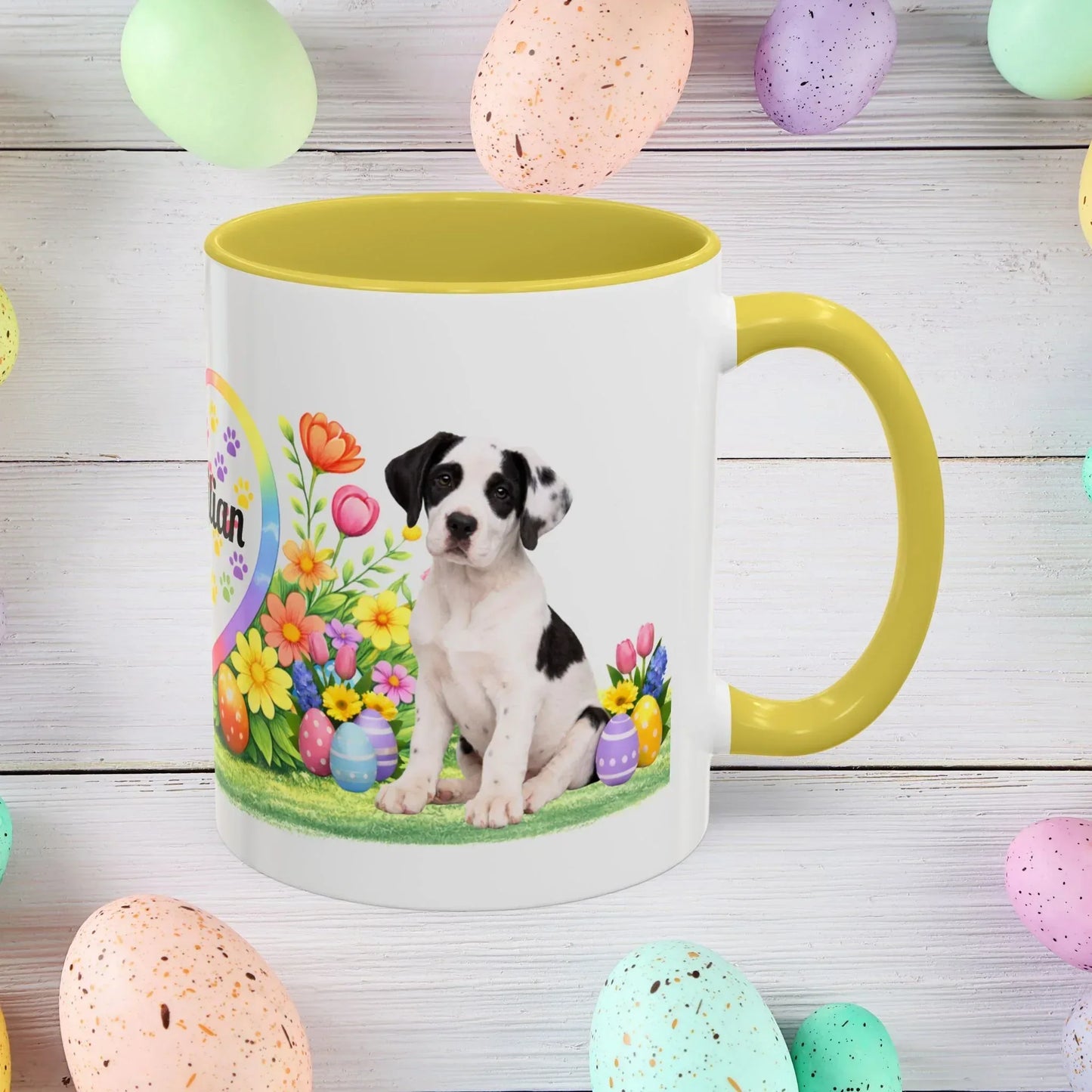 Shop our great dane piebald puppy easter mug featuring the 15oz style option from MySisterIsASurvivor.