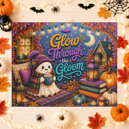 Glow Through the Gloom Halloween Puzzle - Cozy Ghost with Heart Mug, Kind Heart Books, and Cottage