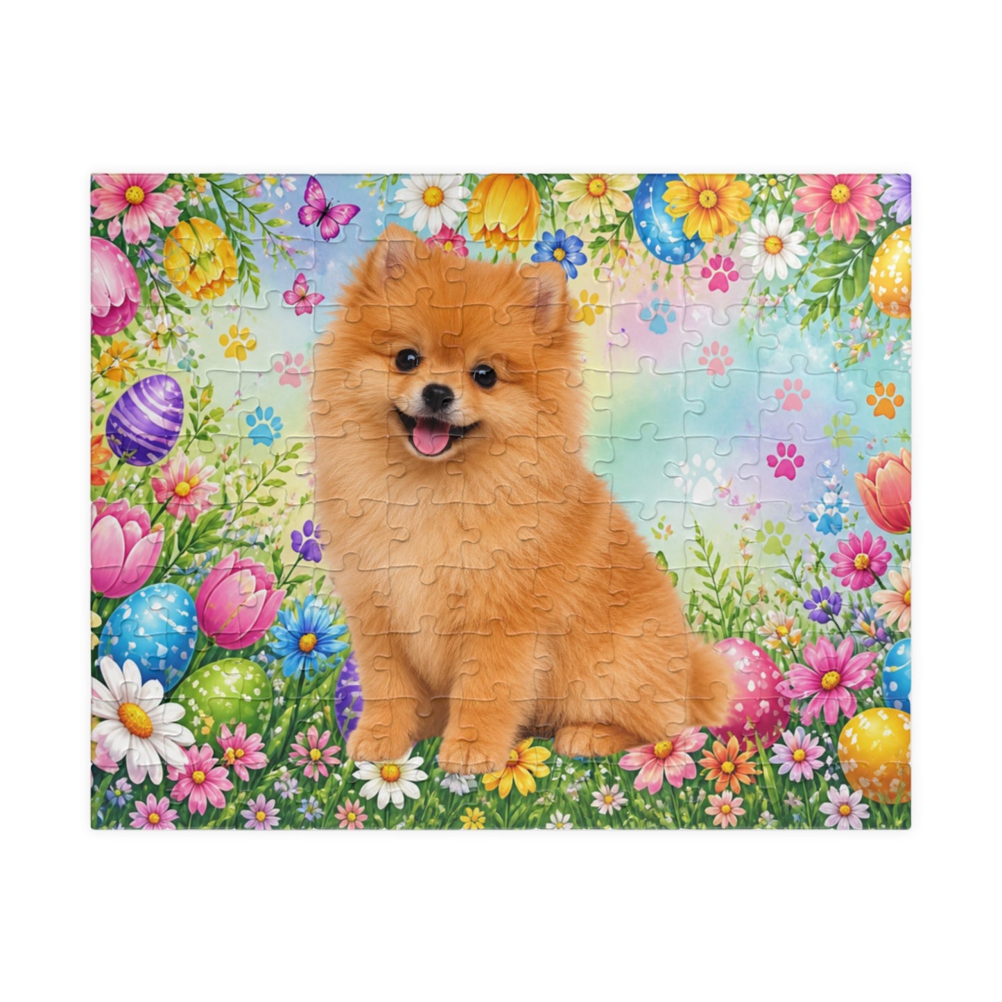 Pomeranian (Orange) Easter Puppy Puzzle - Spring Garden with Eggs, Tulips, and Daisies