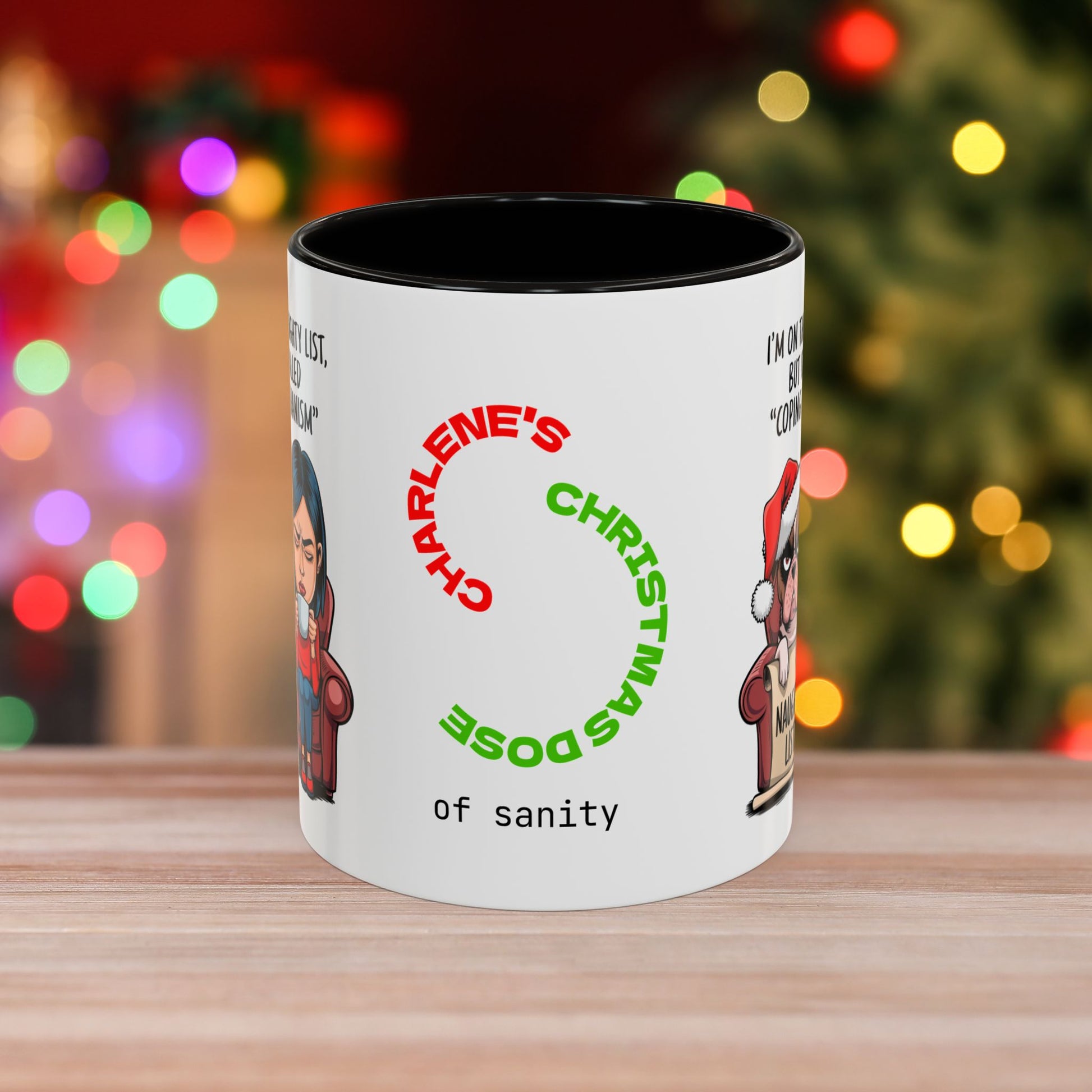 I'm On The Naughty List, But It's Called 'Coping Mechanism' – Christmas Mug with Female and Dog Design and Accent Color