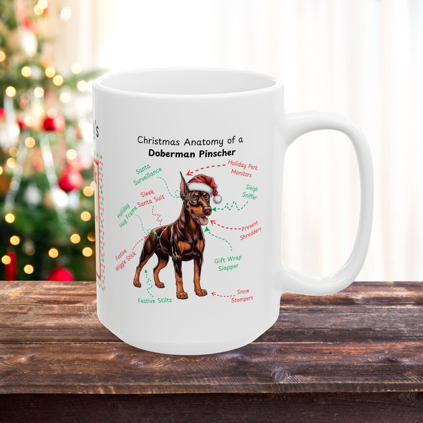 Doberman (Red & Rust) Christmas Mug - personalized dog lover gift, festive dog anatomy coffee cup for holidays