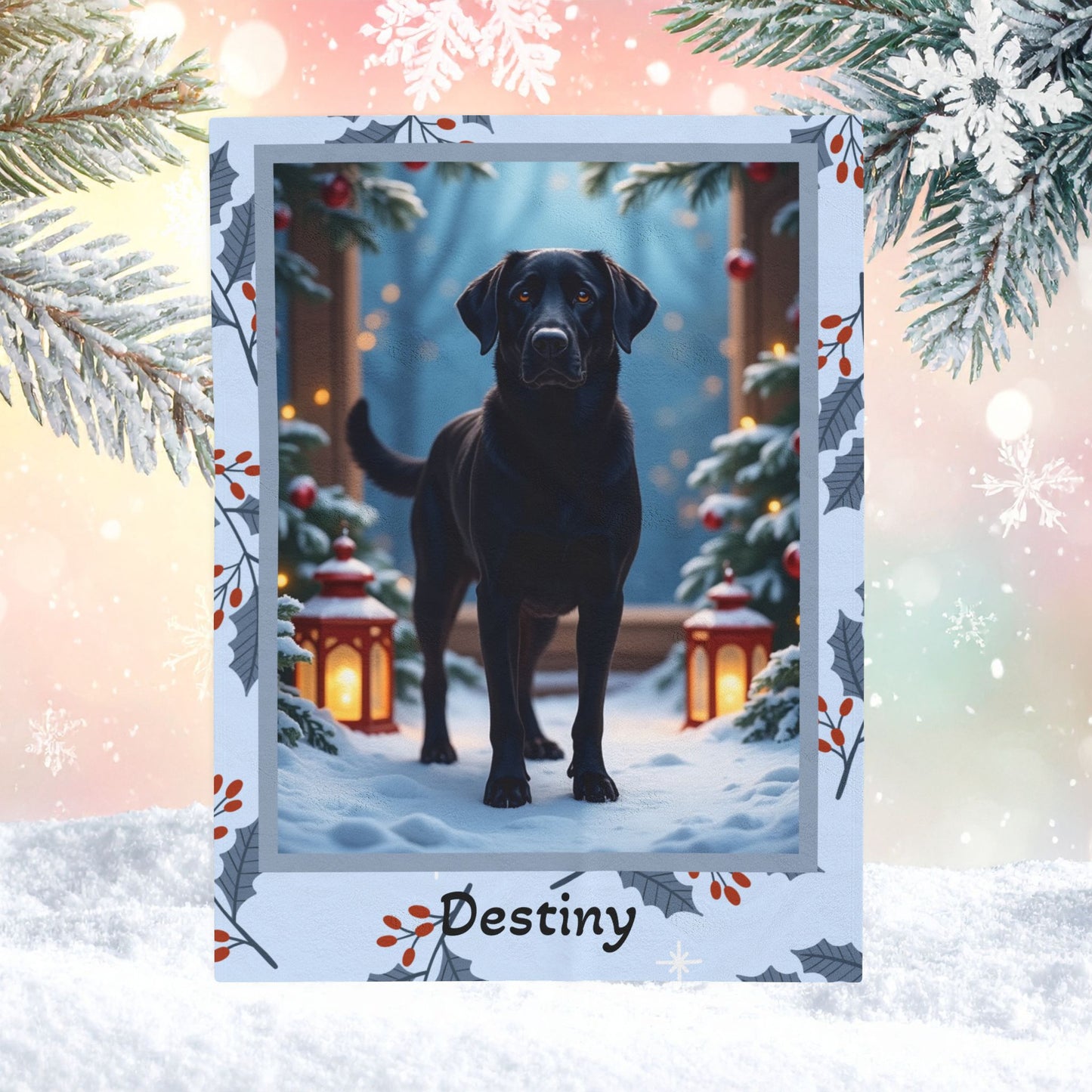 Labrador Retriever Black custom winter blanket featuring a loyal Lab in a bright lodge-style snowy illustration