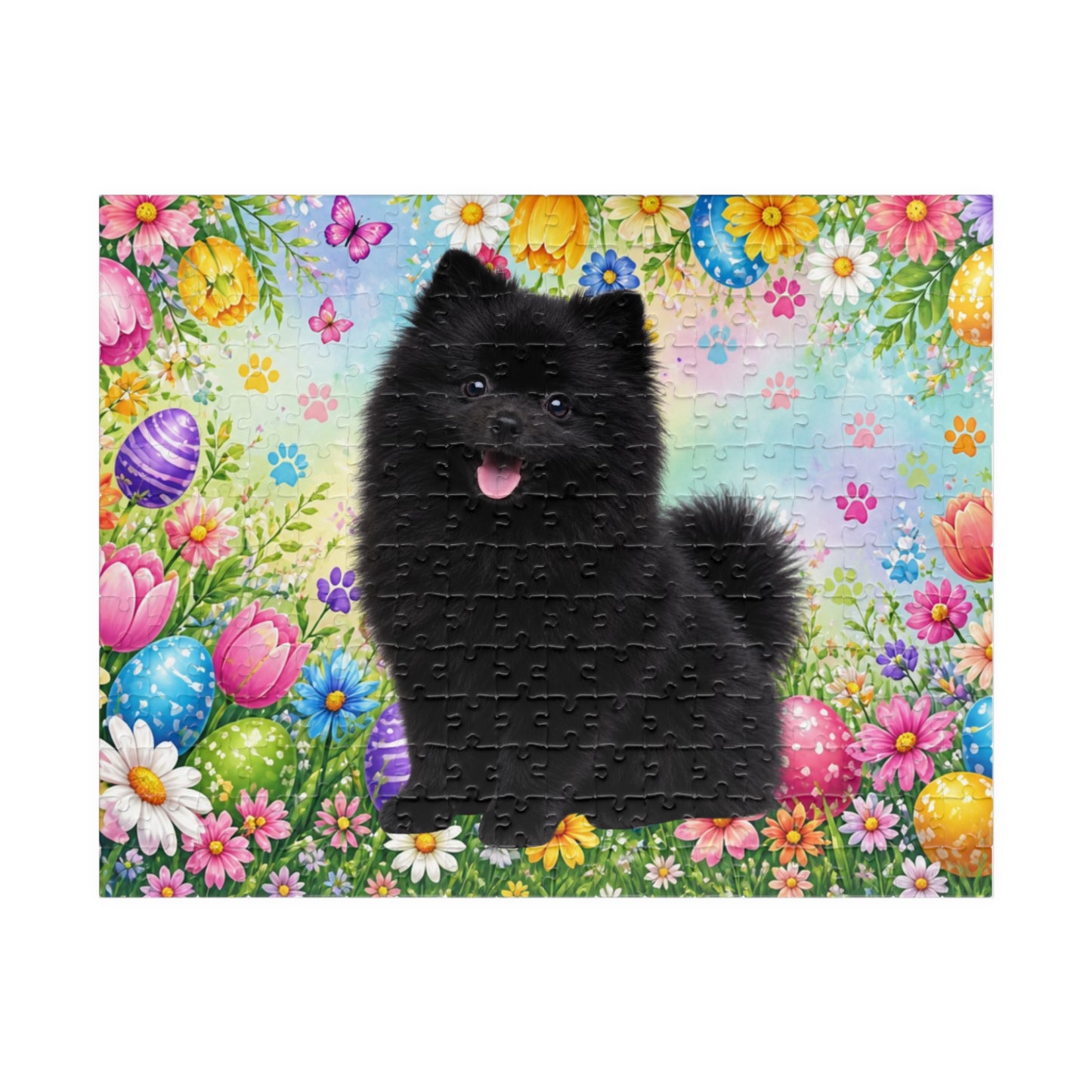 Pomeranian (Black) Easter Puppy Puzzle - Spring Garden with Eggs, Tulips, and Daisies