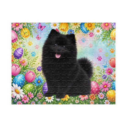 Pomeranian (Black) Easter Puppy Puzzle - Spring Garden with Eggs, Tulips, and Daisies