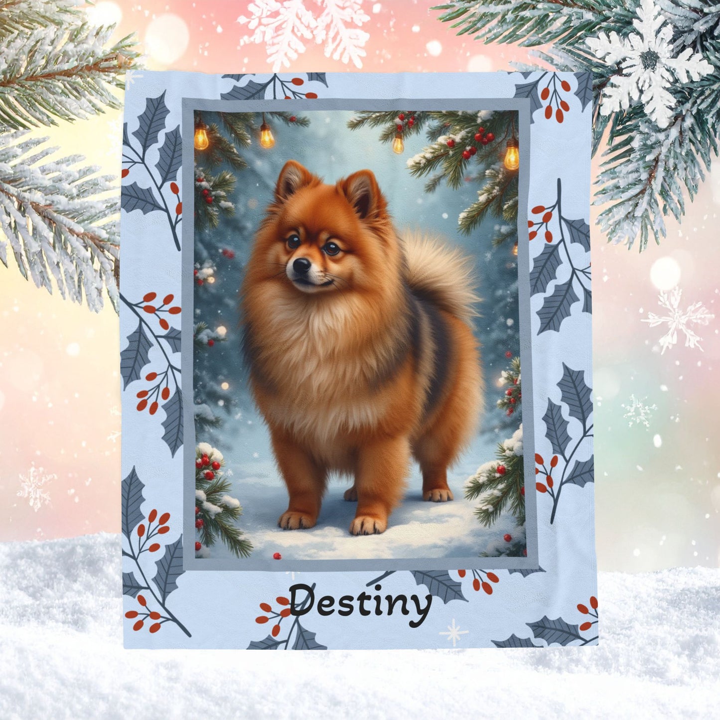 Pomeranian Orange Sable custom winter blanket showing a fluffy Pom in a bright snowy lodge illustration
