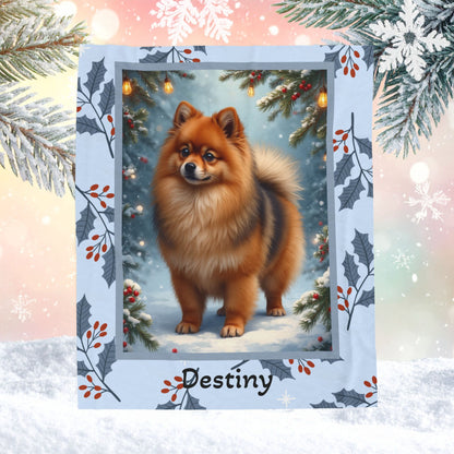 Pomeranian Orange Sable custom winter blanket showing a fluffy Pom in a bright snowy lodge illustration