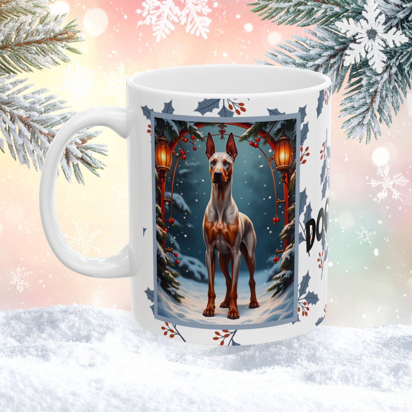Doberman (Fawn & Rust) Winter Mug - fawn and rust Doberman illustrated in a bright winter scene with frosted pine branches