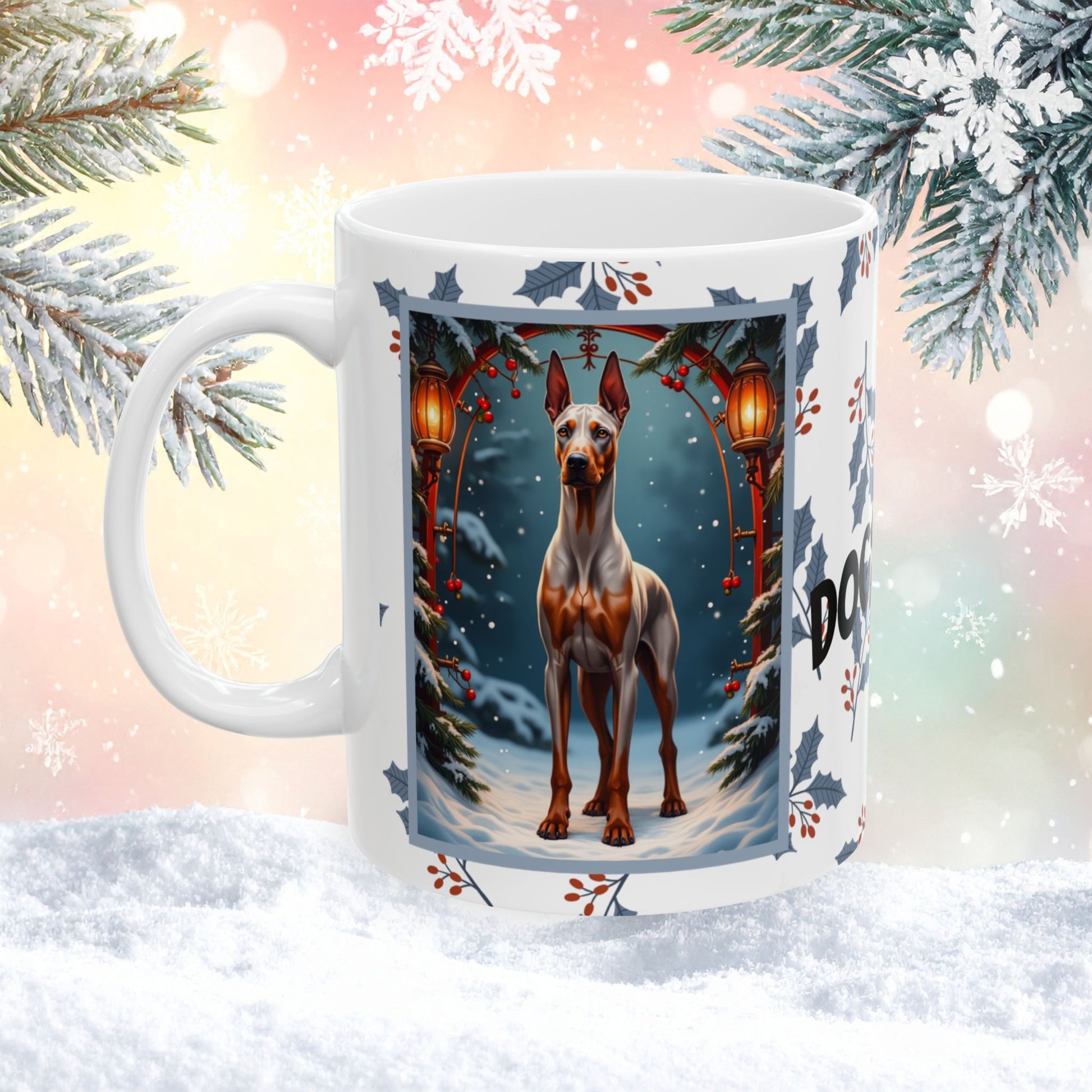 Doberman (Fawn & Rust) Winter Mug - fawn and rust Doberman illustrated in a bright winter scene with frosted pine branches