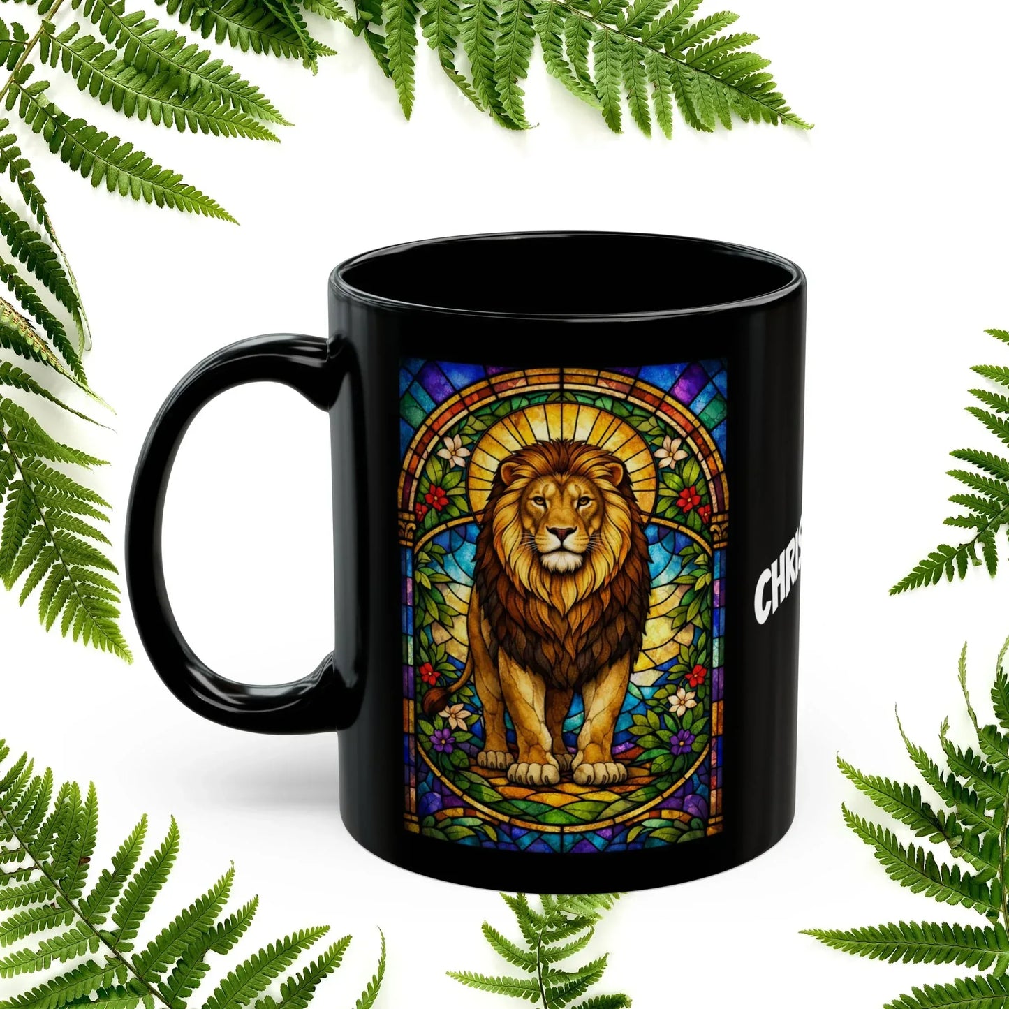 Shop our premium lion stained glass style black mug from MySisterIsASurvivor.