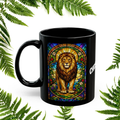 Shop our premium lion stained glass style black mug from MySisterIsASurvivor.