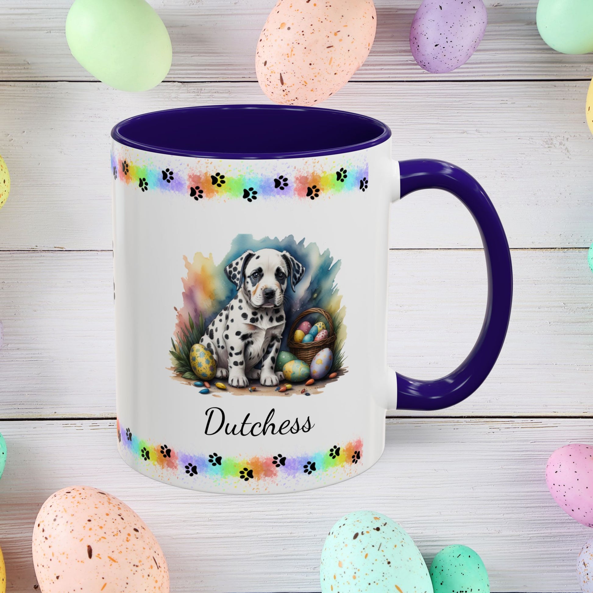 Dalmatian: Personalized Easter Puppy Coffee Mug - Adorable Dog Design, Mental Health Gift, 11oz & 15oz, 12 Color Choices, Easter Gifts & Décor