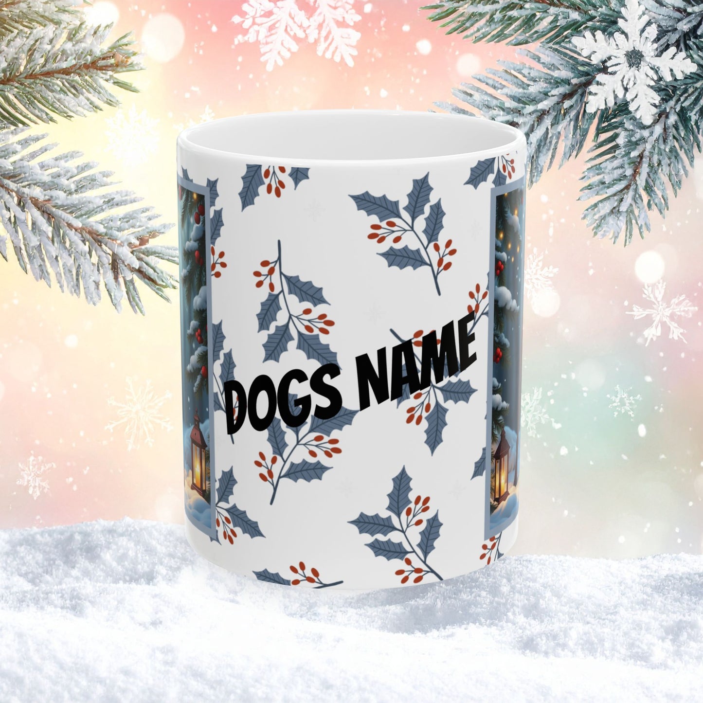 Doberman (Red) Winter Mug - red Doberman illustrated standing calmly in a serene winter scene with snowy background