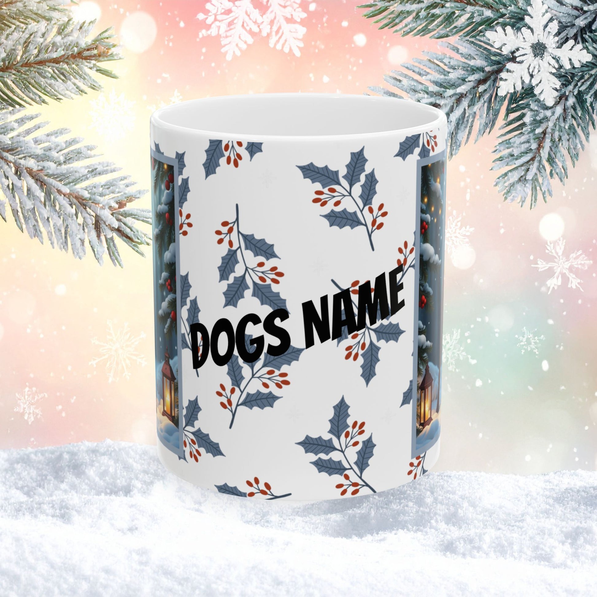 Doberman (Red) Winter Mug - red Doberman illustrated standing calmly in a serene winter scene with snowy background