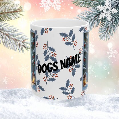 Doberman (Red) Winter Mug - red Doberman illustrated standing calmly in a serene winter scene with snowy background