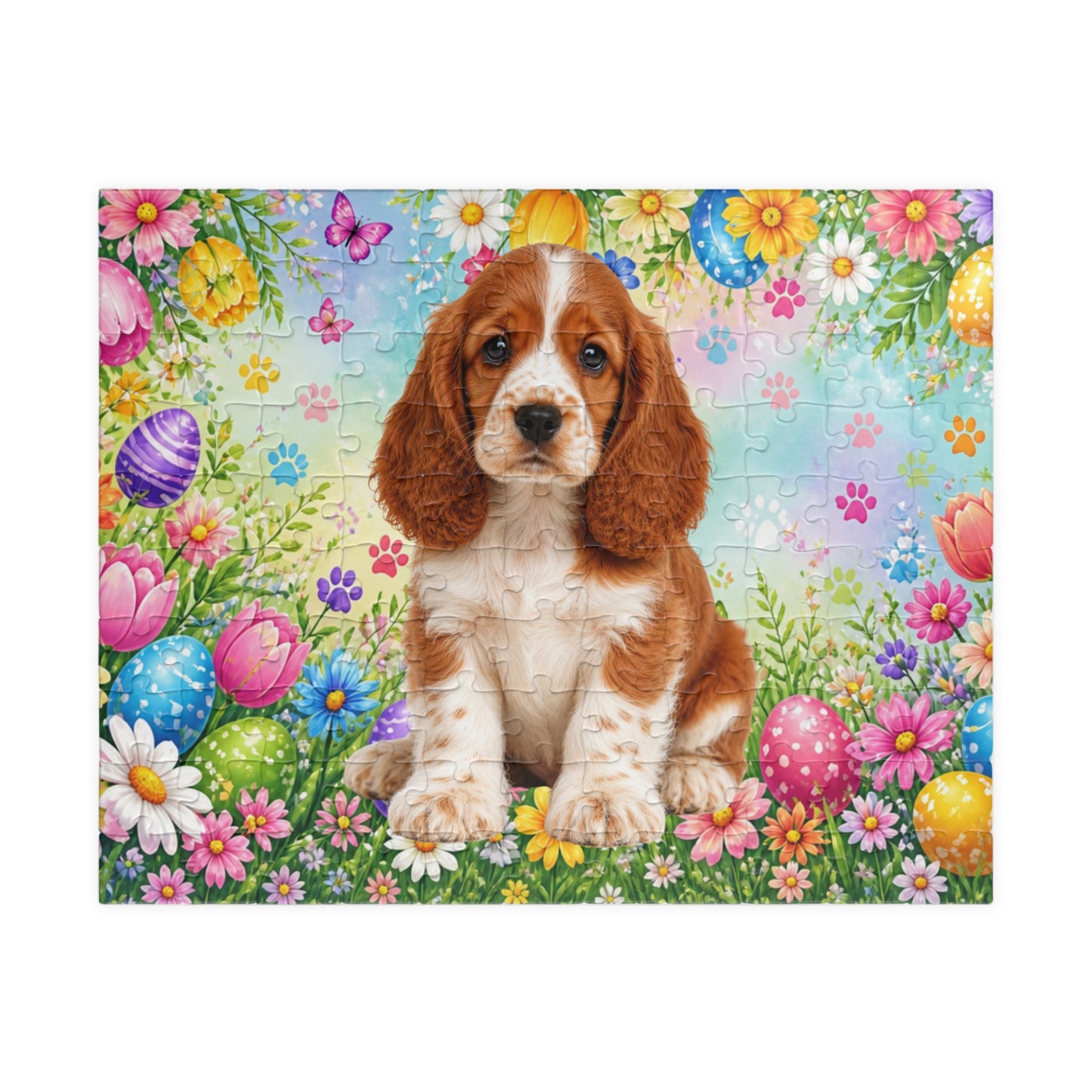 American Cocker Spaniel (Red & White) Easter Puppy Puzzle - Spring Garden with Eggs, Tulips, and Daisies
