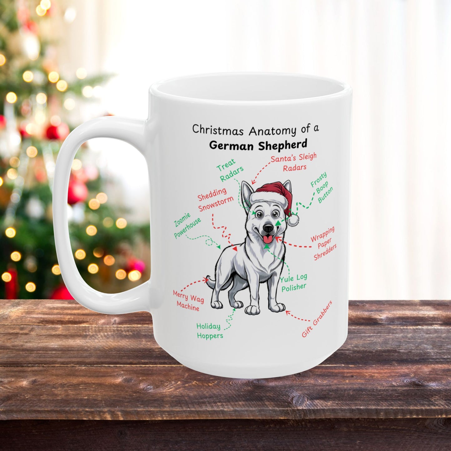 German Shepherd (White) Personalized Christmas Dog Anatomy Mug, Funny Holiday Gift for Dog Lovers, Festive Dog Breed Coffee Cup