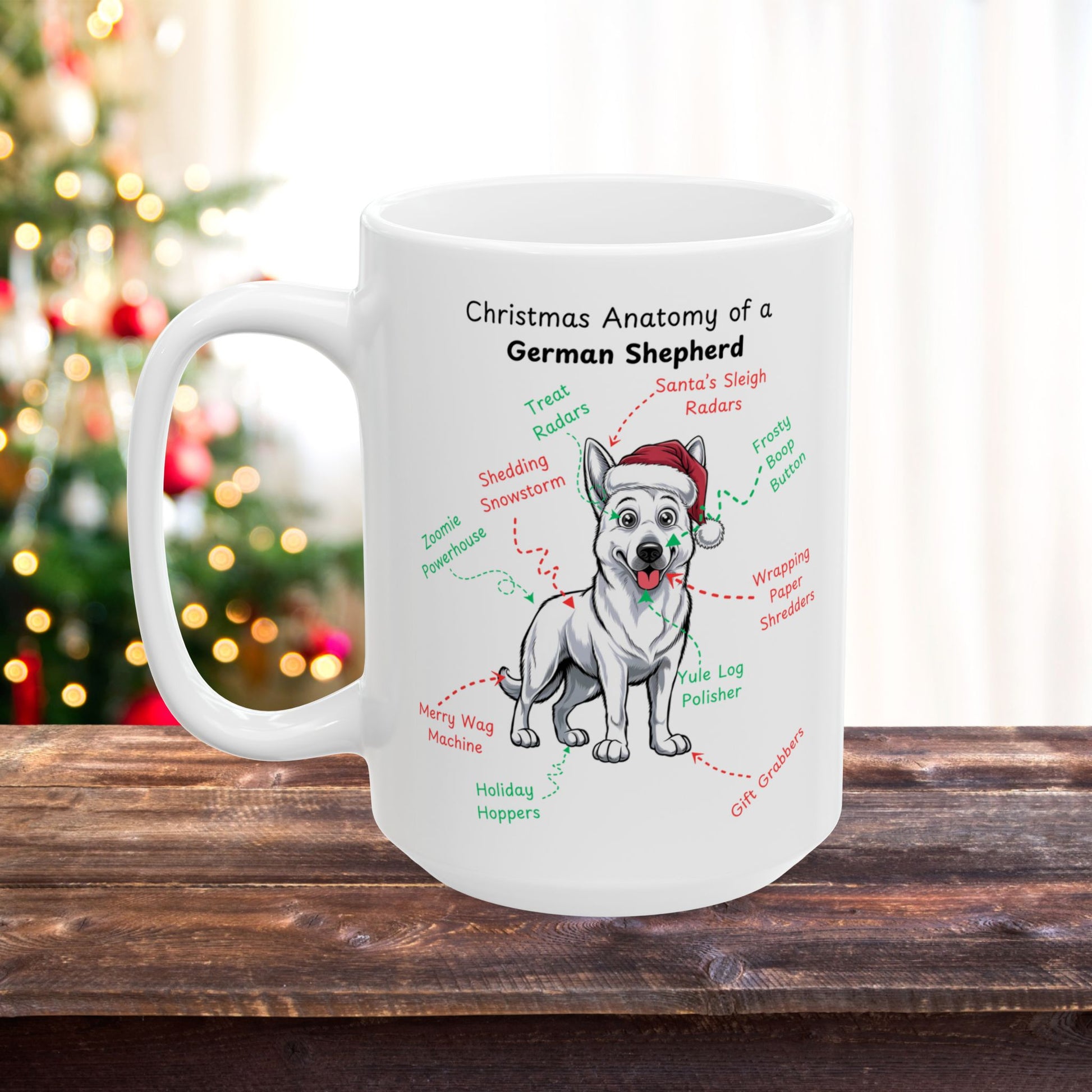 German Shepherd (White) Personalized Christmas Dog Anatomy Mug, Funny Holiday Gift for Dog Lovers, Festive Dog Breed Coffee Cup