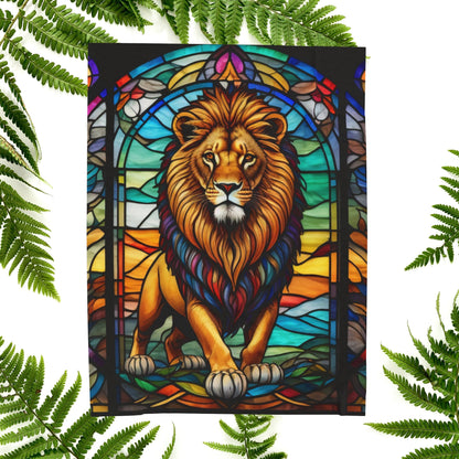 A bold lion blanket in stained glass design, combining wildlife strength with soft serenity.