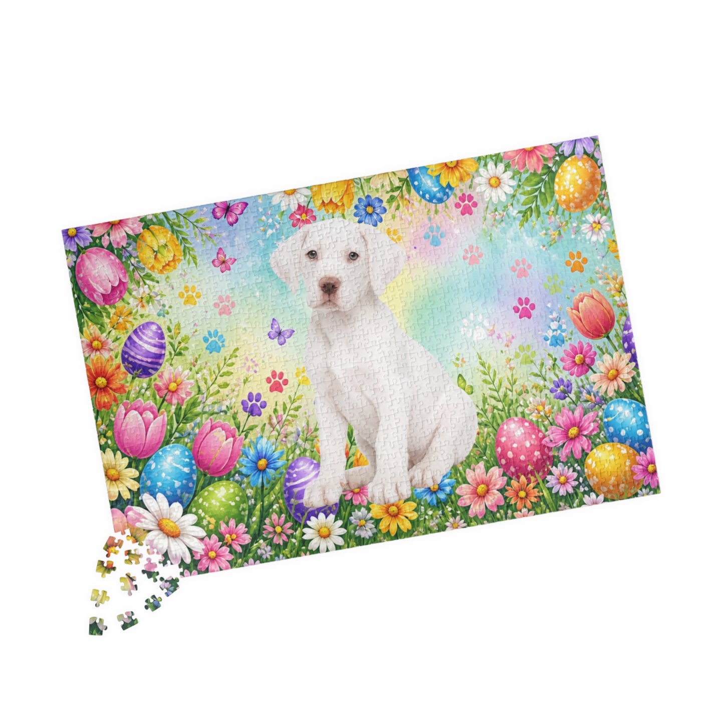 Great Dane (White) Easter Puppy Puzzle - Spring Garden with Eggs, Tulips, and Daisies