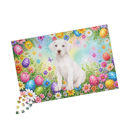 Great Dane (White) Easter Puppy Puzzle - Spring Garden with Eggs, Tulips, and Daisies