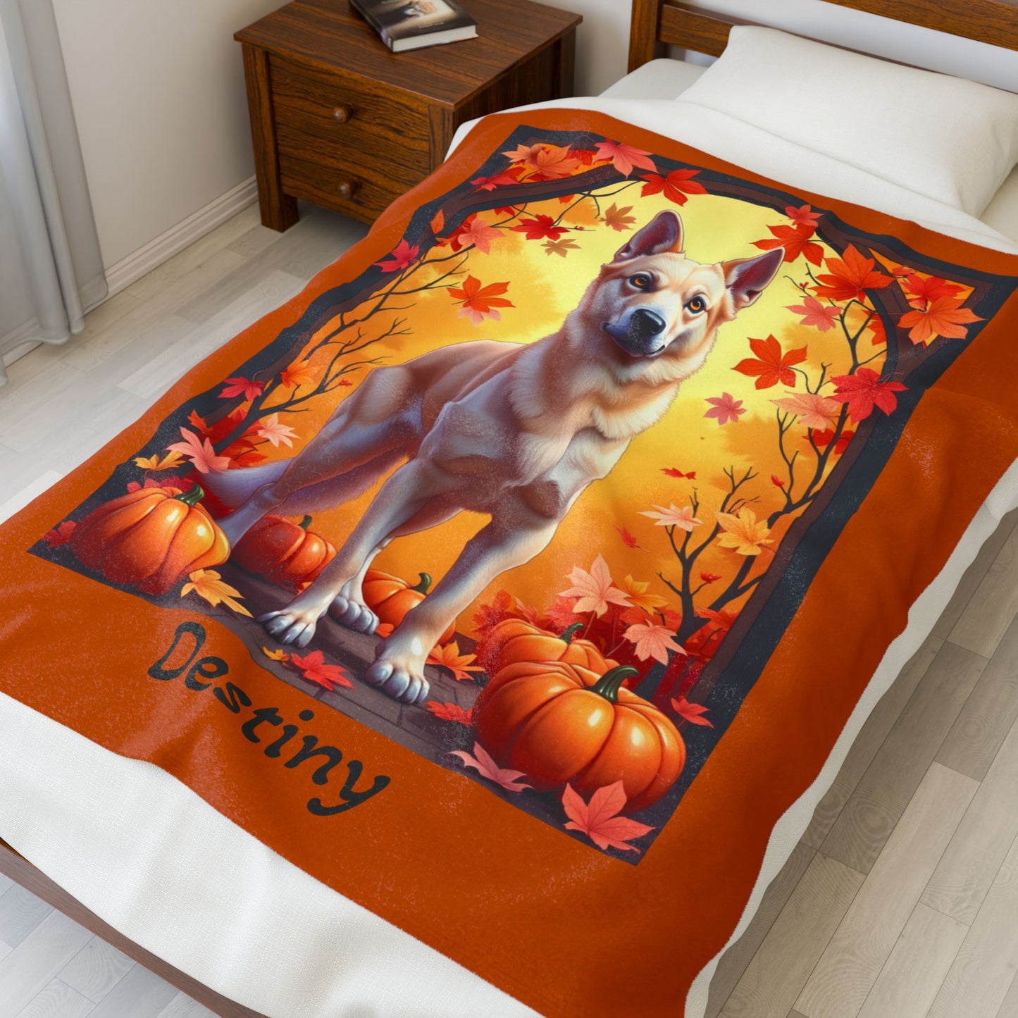 German Shepherd (Cream) Plush Velveteen Blanket - Custom plush dog throw, gift for GSD fans