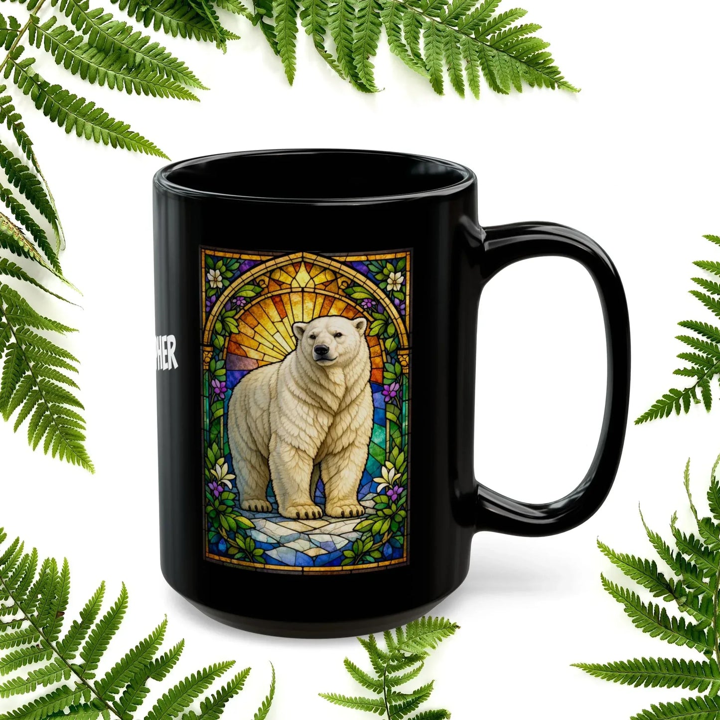 Shop our premium polar bear stained glass style black mug from MySisterIsASurvivor.