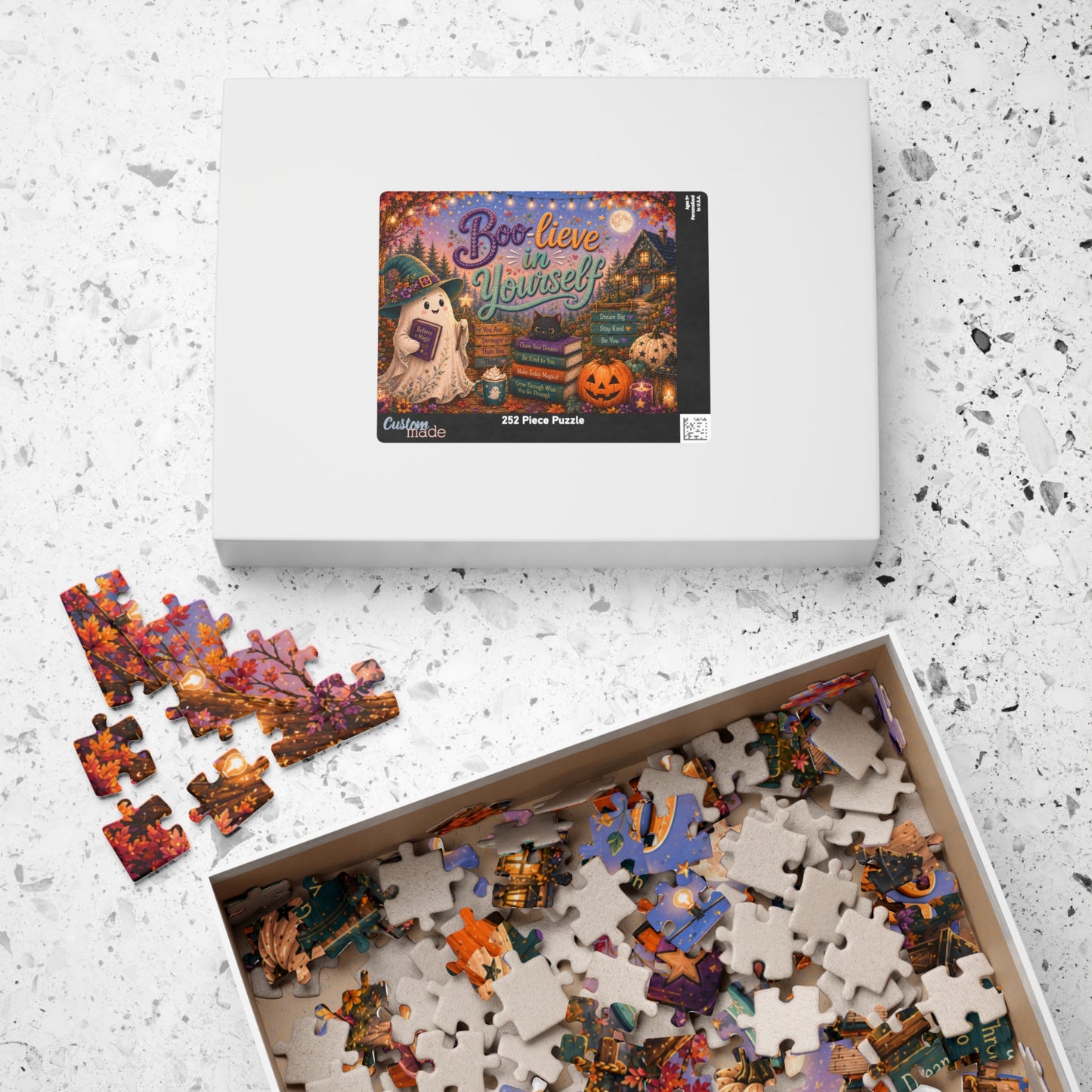 Boo-lieve in Yourself Halloween Puzzle - Ghost with Believe in Magic Book, Black Cat, and Affirmation Books