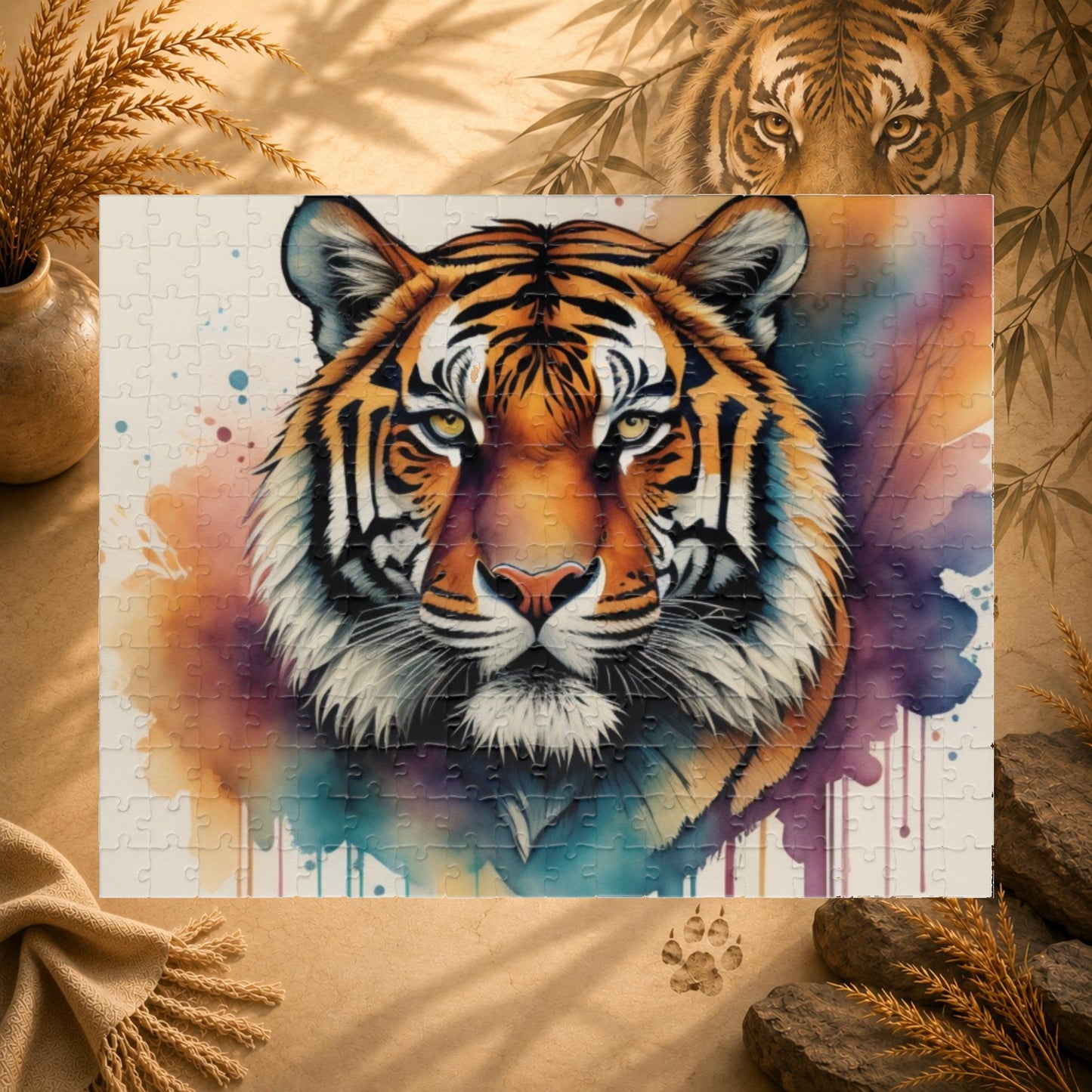 Stalking Serenity - Watercolor Tiger Puzzle with Peach, Purple, and Teal Washes on White
