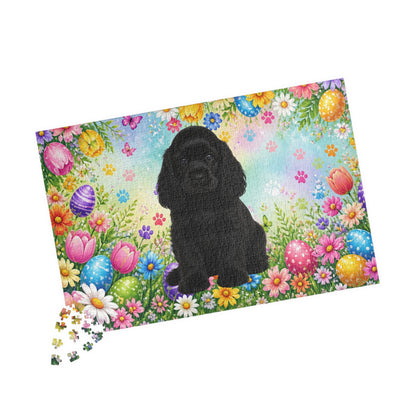 American Cocker Spaniel (Black) Easter Puppy Puzzle - Spring Garden with Eggs, Tulips, and Daisies