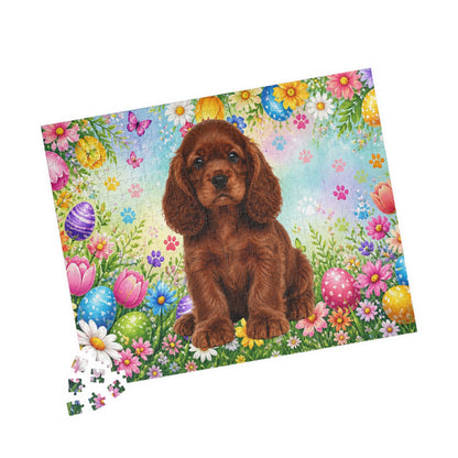 American Cocker Spaniel (Orange) Easter Puppy Puzzle - Spring Garden with Eggs, Tulips, and Daisies