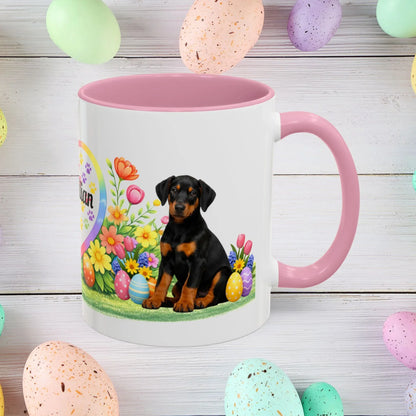 Shop our doberman black rust puppy easter mug featuring the 11oz style option from MySisterIsASurvivor.