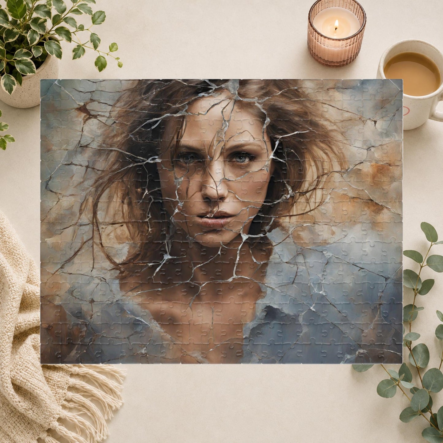 Break Free - Woman's Portrait Puzzle with Cracked Texture in Muted Blue and Brown Tones