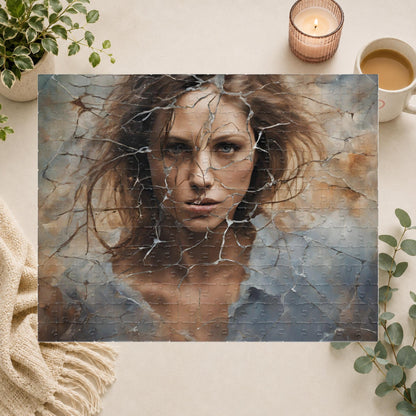 Break Free - Woman's Portrait Puzzle with Cracked Texture in Muted Blue and Brown Tones