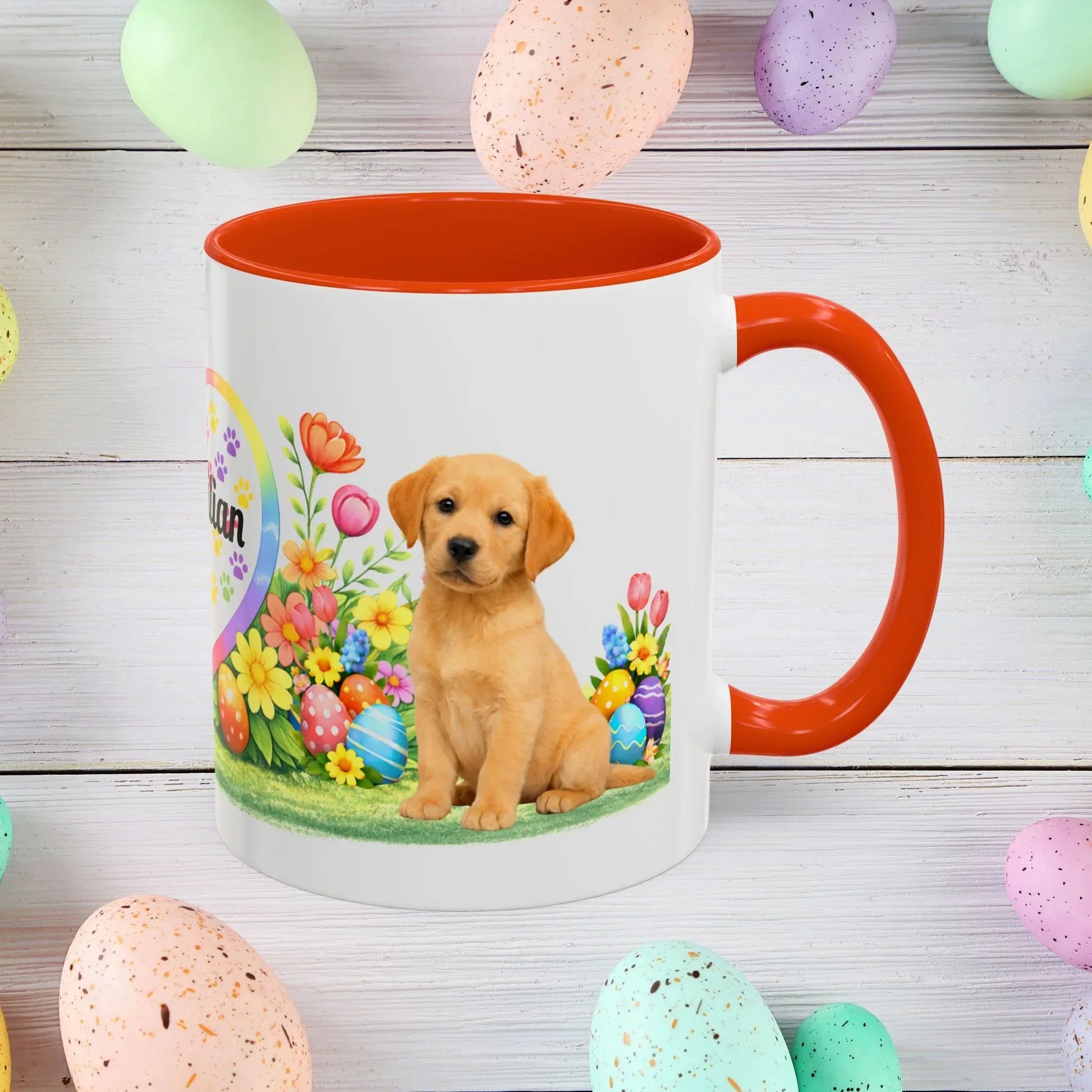 Shop our labrador retriever yellow golden puppy easter mug featuring the 11oz style option from MySisterIsASurvivor.
