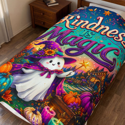 Kindness Is Magic Velveteen Blanket - Ghost with Star Wand and Be Kind Spread Joy Make Magic Sign
