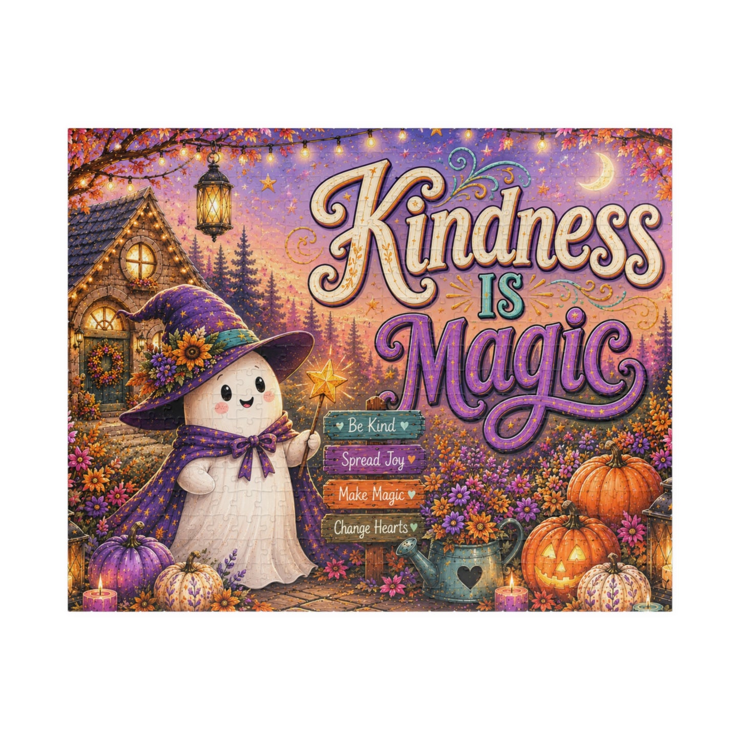Kindness Is Magic Halloween Puzzle - Witch Ghost with Magic Wand, Purple Pumpkins, and Wildflowers