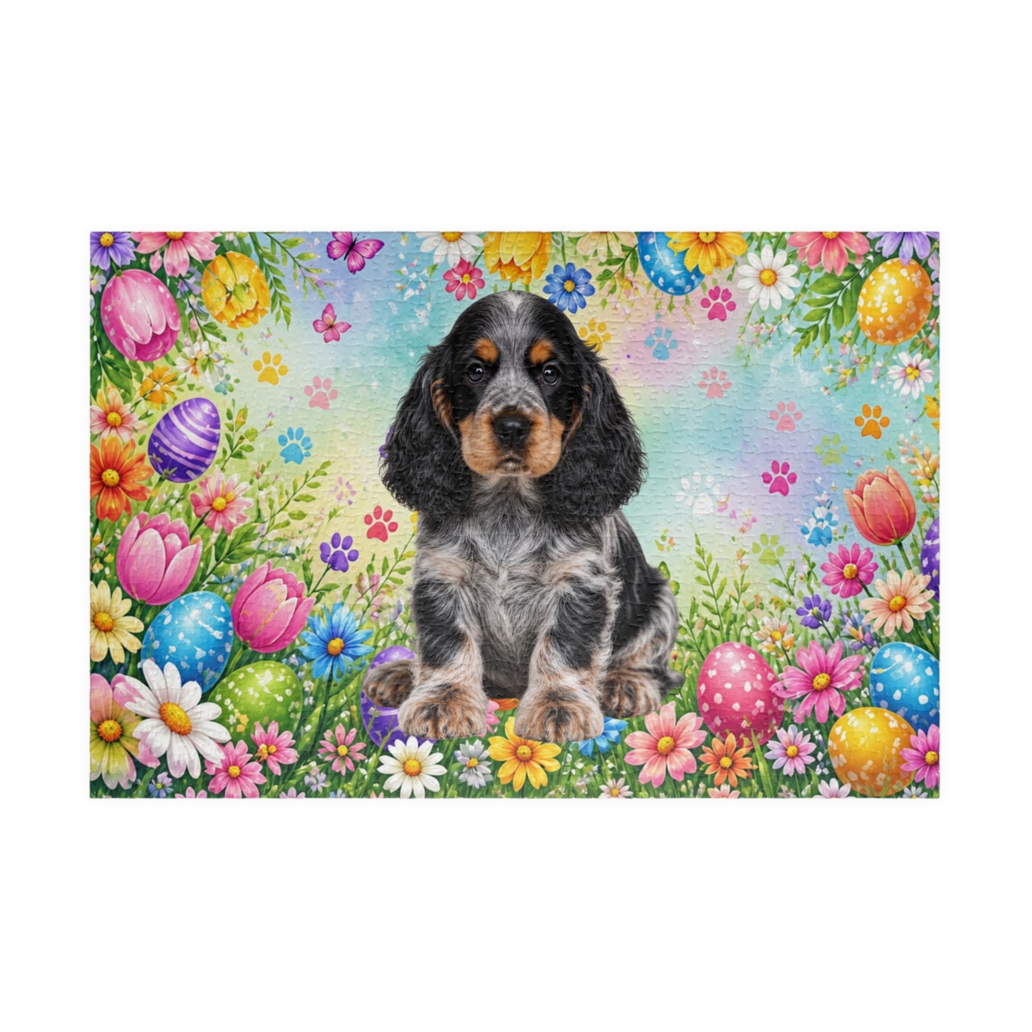 American Cocker Spaniel (Blue Roan) Easter Puppy Puzzle - Spring Garden with Eggs, Tulips, and Daisies