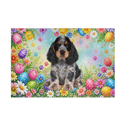 American Cocker Spaniel (Blue Roan) Easter Puppy Puzzle - Spring Garden with Eggs, Tulips, and Daisies