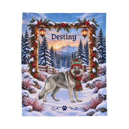 German Shepherd (Silver Sable) - Personalized Snowy Pines Blanket, Custom Name Velveteen Throw - MySisterIsAsurvor