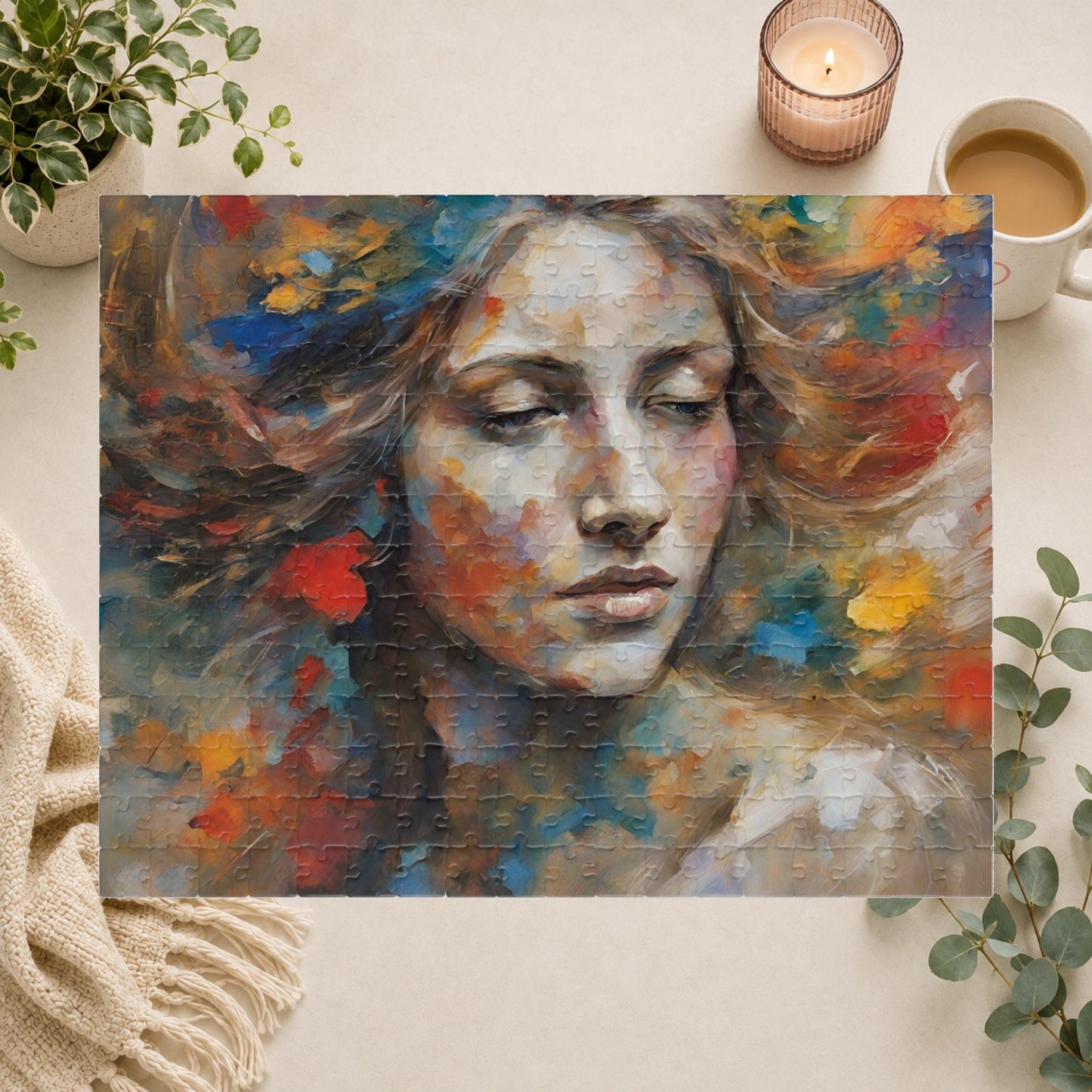 Express Emotions - Impressionist Woman's Portrait Puzzle with Colorful Paint Blooms in Flowing Hair
