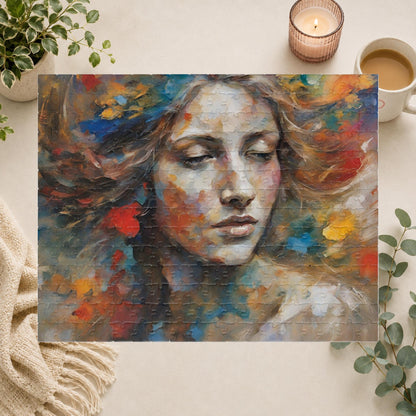 Express Emotions - Impressionist Woman's Portrait Puzzle with Colorful Paint Blooms in Flowing Hair