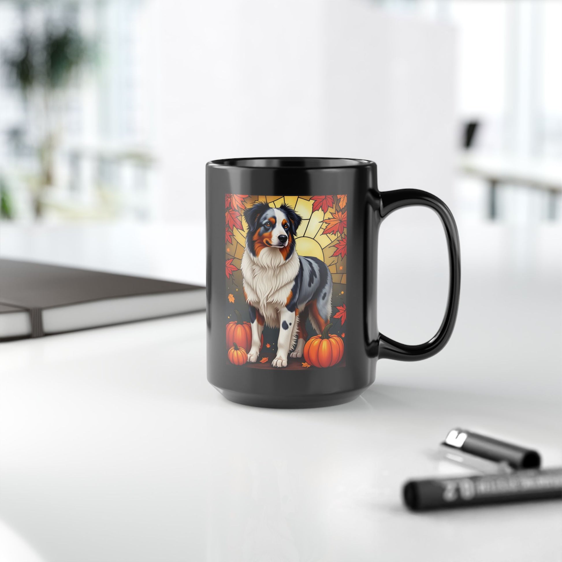 Australian Shepherd Blue Merle - Autumn black mug, personalized Aussie dog coffee cup for pet lovers