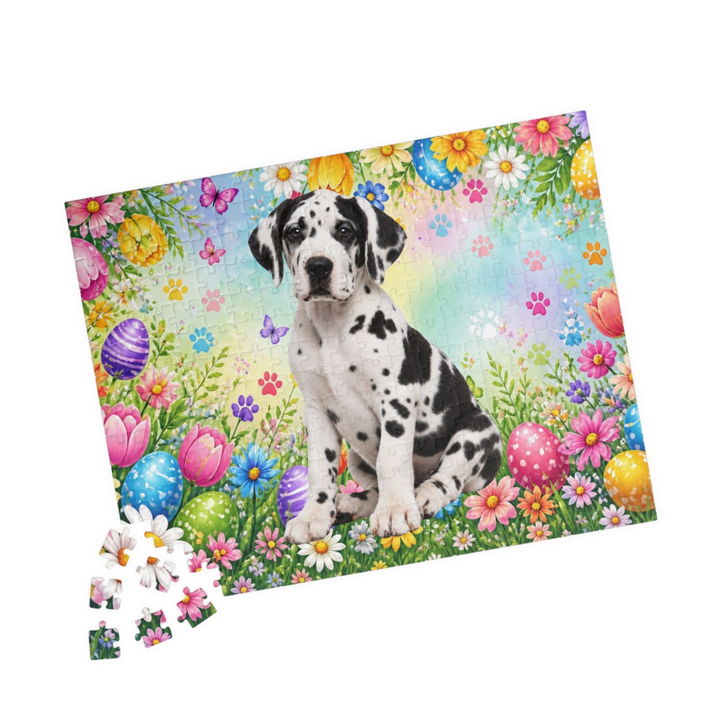 Great Dane (Harlequin) Easter Puppy Puzzle - Spring Garden with Eggs, Tulips, and Daisies