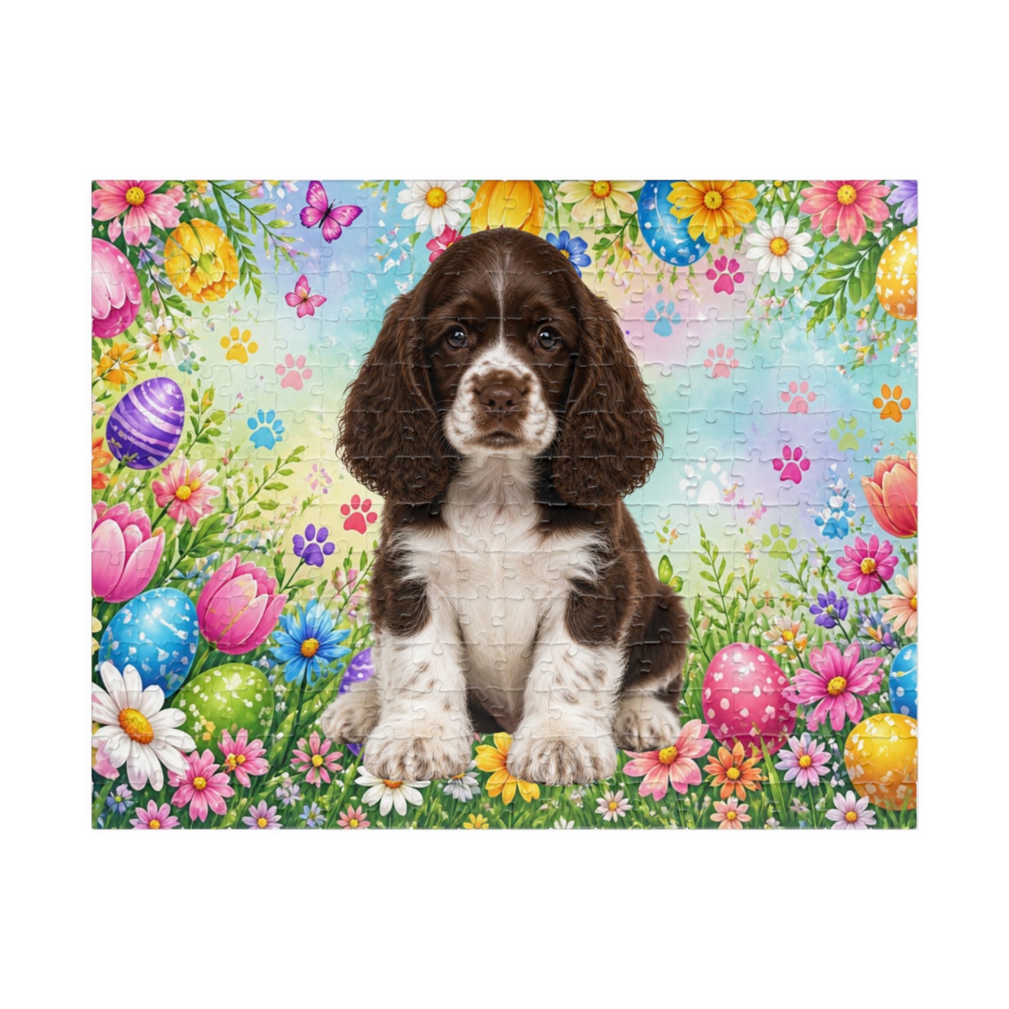 American Cocker Spaniel (Liver & White) Easter Puppy Puzzle - Spring Garden with Eggs, Tulips, and Daisies