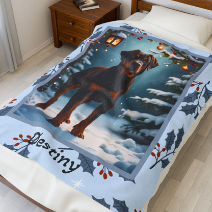 Rottweiler Chocolate personalized winter throw with a rich chocolate Rottweiler illustrated in a bright lodge setting