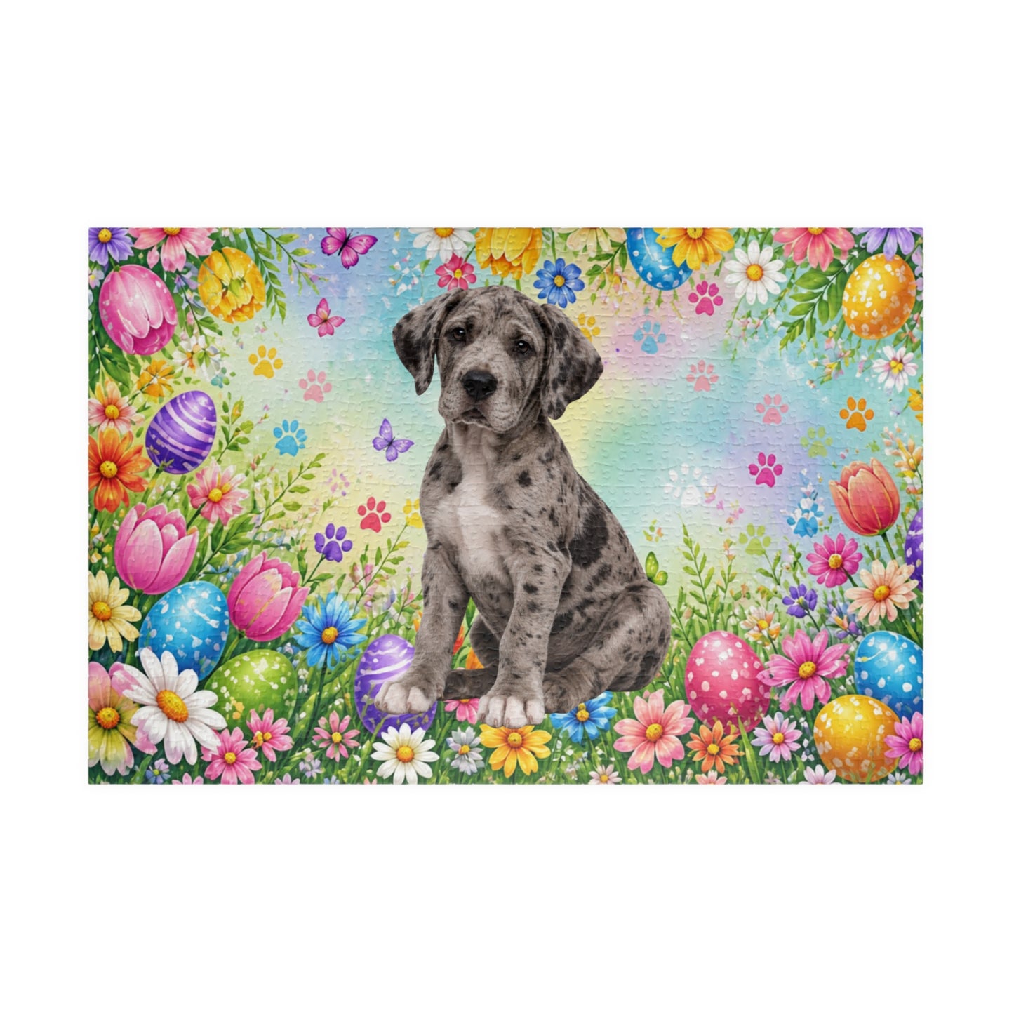 Great Dane (Merle) Easter Puppy Puzzle - Spring Garden with Eggs, Tulips, and Daisies