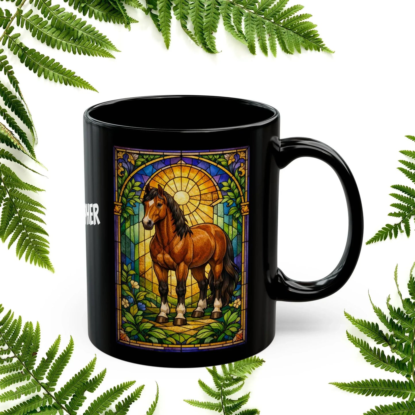 Shop our premium horse stained glass style black mug from MySisterIsASurvivor.