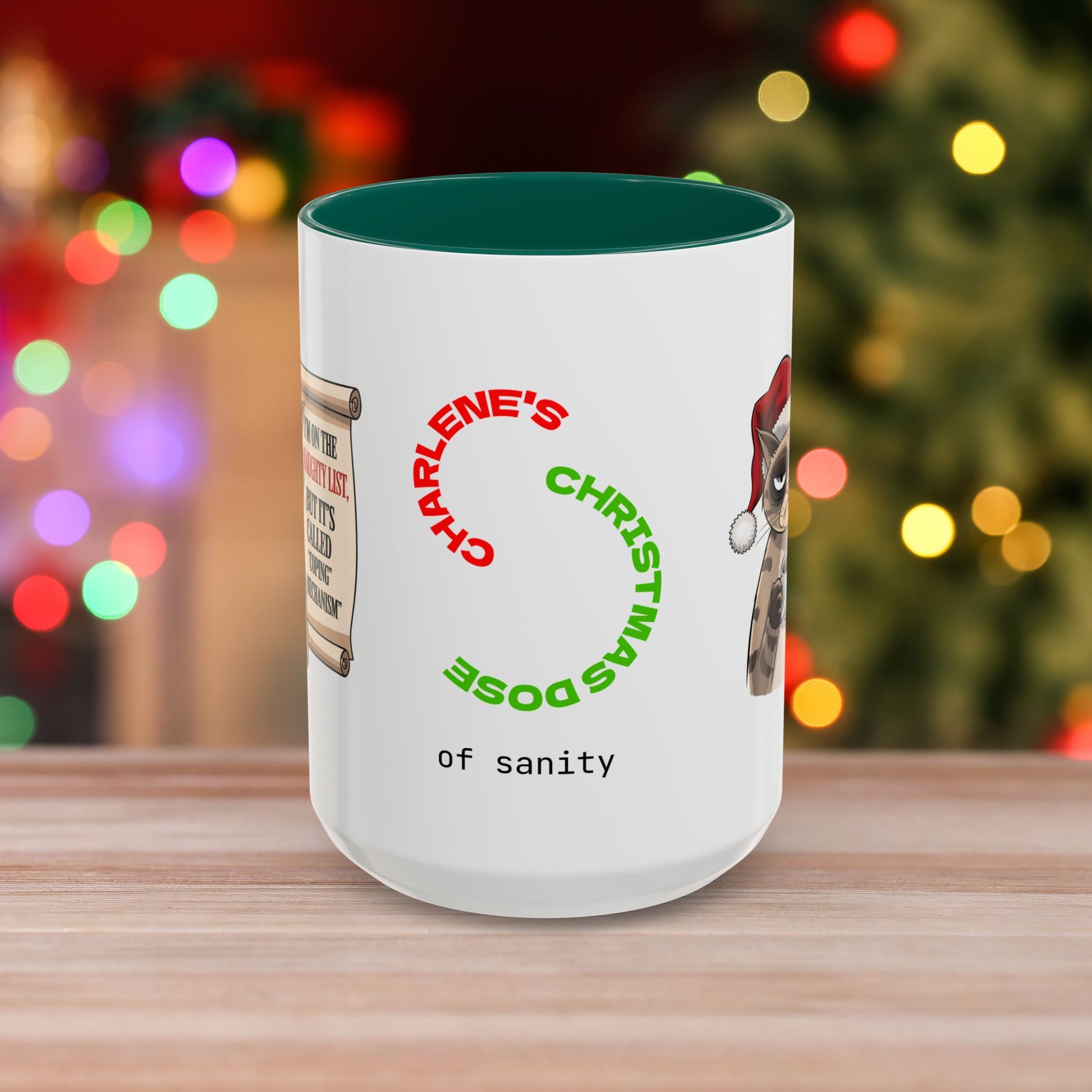I'm On The Naughty List, But It's Called 'Coping Mechanism' - Christmas Mug with Cat Design and Accent Color