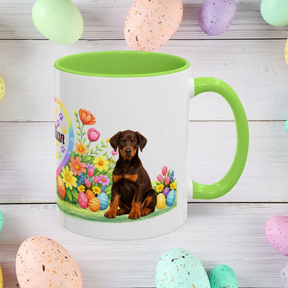 Shop our doberman red rust puppy easter mug featuring the 11oz style option from MySisterIsASurvivor.