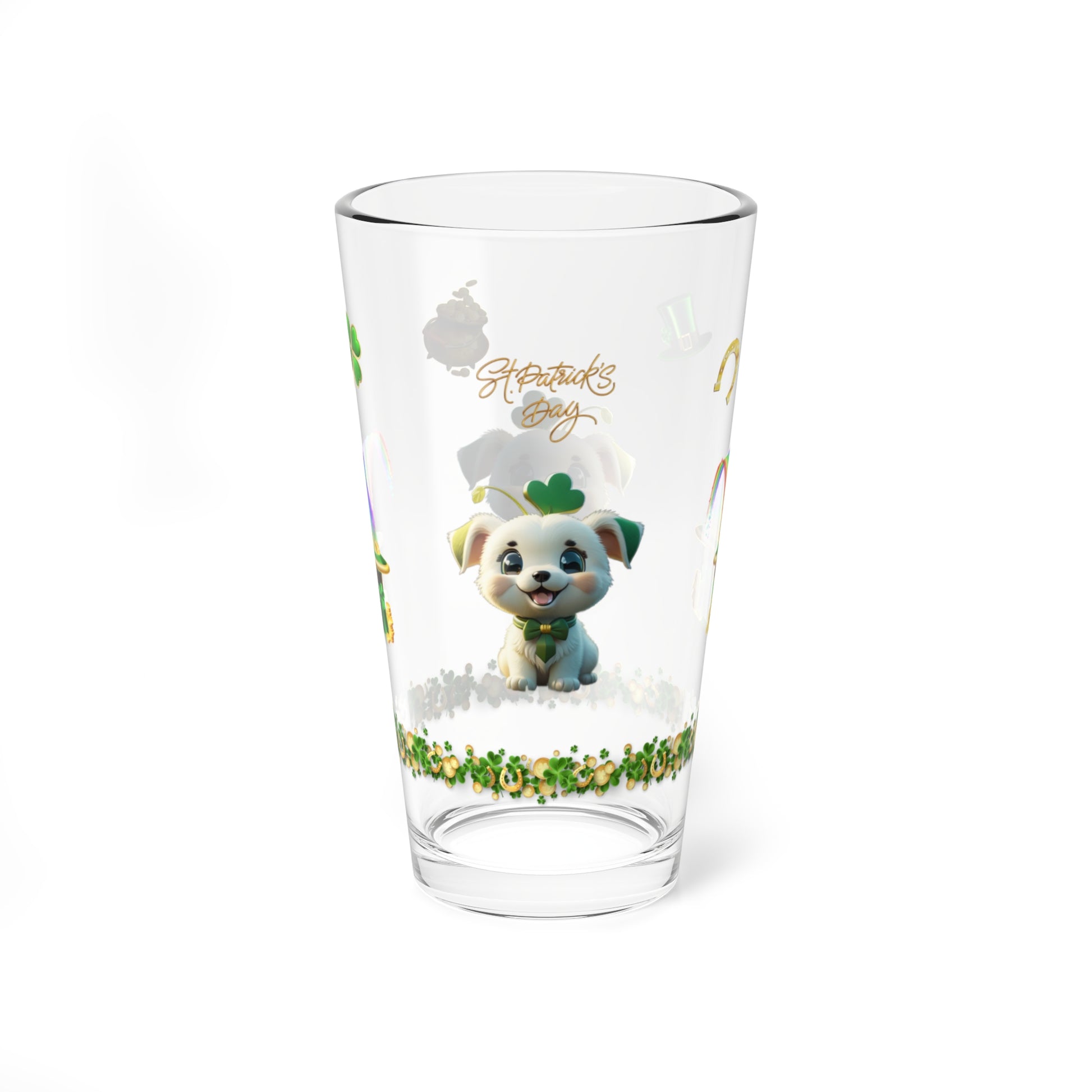 Gaelic Gratitude Puppy: Mindful St. Patrick's Day 16oz Pint Glasses - Festive Design for Positivity & Wellness